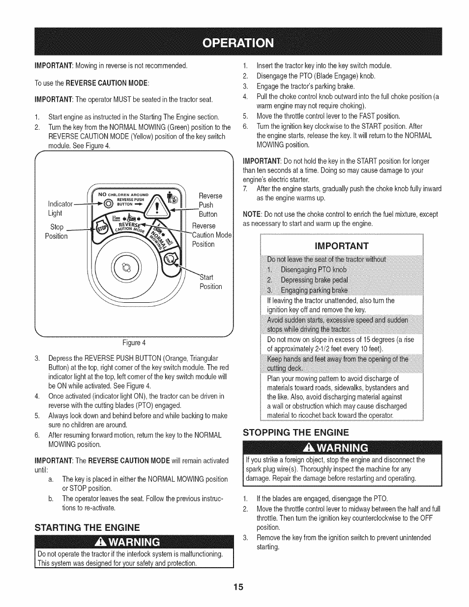 Starting the engine, Important, Stopping the engine | Operation, Warning | Craftsman 247.28933 User Manual | Page 15 / 192