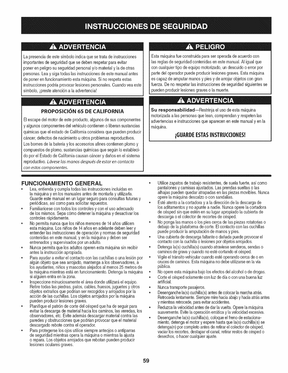A advertencia, Proposición 65 de california, Funcionamiento general | Instrucciones de seguridad, Advertencia, Peligro | Craftsman 247.28933 User Manual | Page 155 / 192
