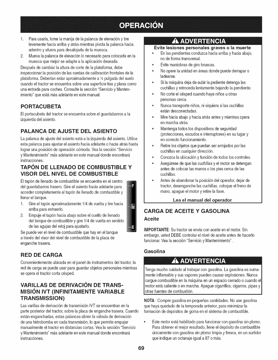 Portacubeta, Palanca de ajuste del asiento, Red de carga | A advertencia, Carga de aceite y gasolina, Aceite, Gasolina, Operacio, Advertencia | Craftsman 247.28933 User Manual | Page 165 / 192