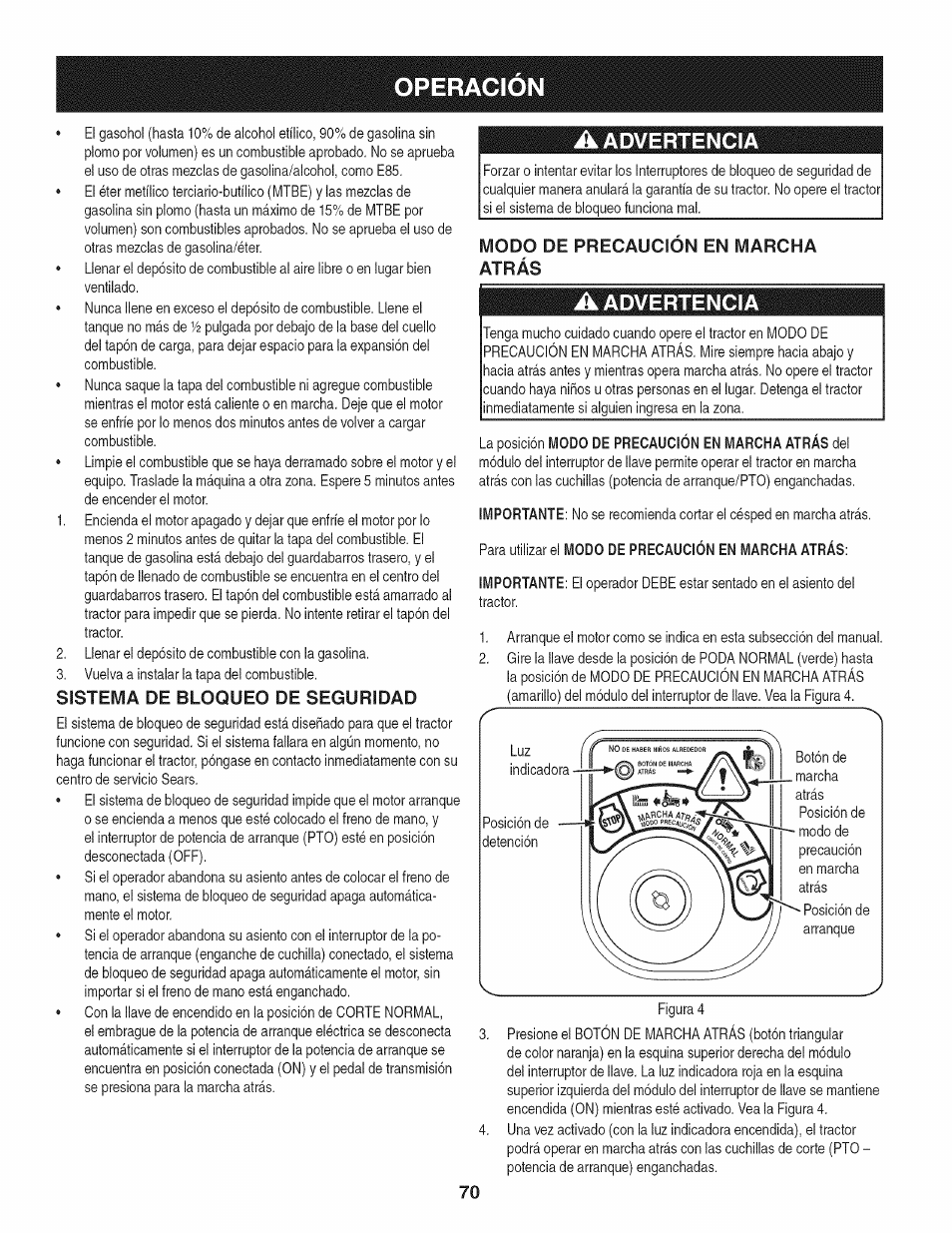 Sistema de bloqueo de seguridad, A advertencia, Modo de precaucion en marcha atrás | Operacion, Advertencia | Craftsman 247.28933 User Manual | Page 166 / 192