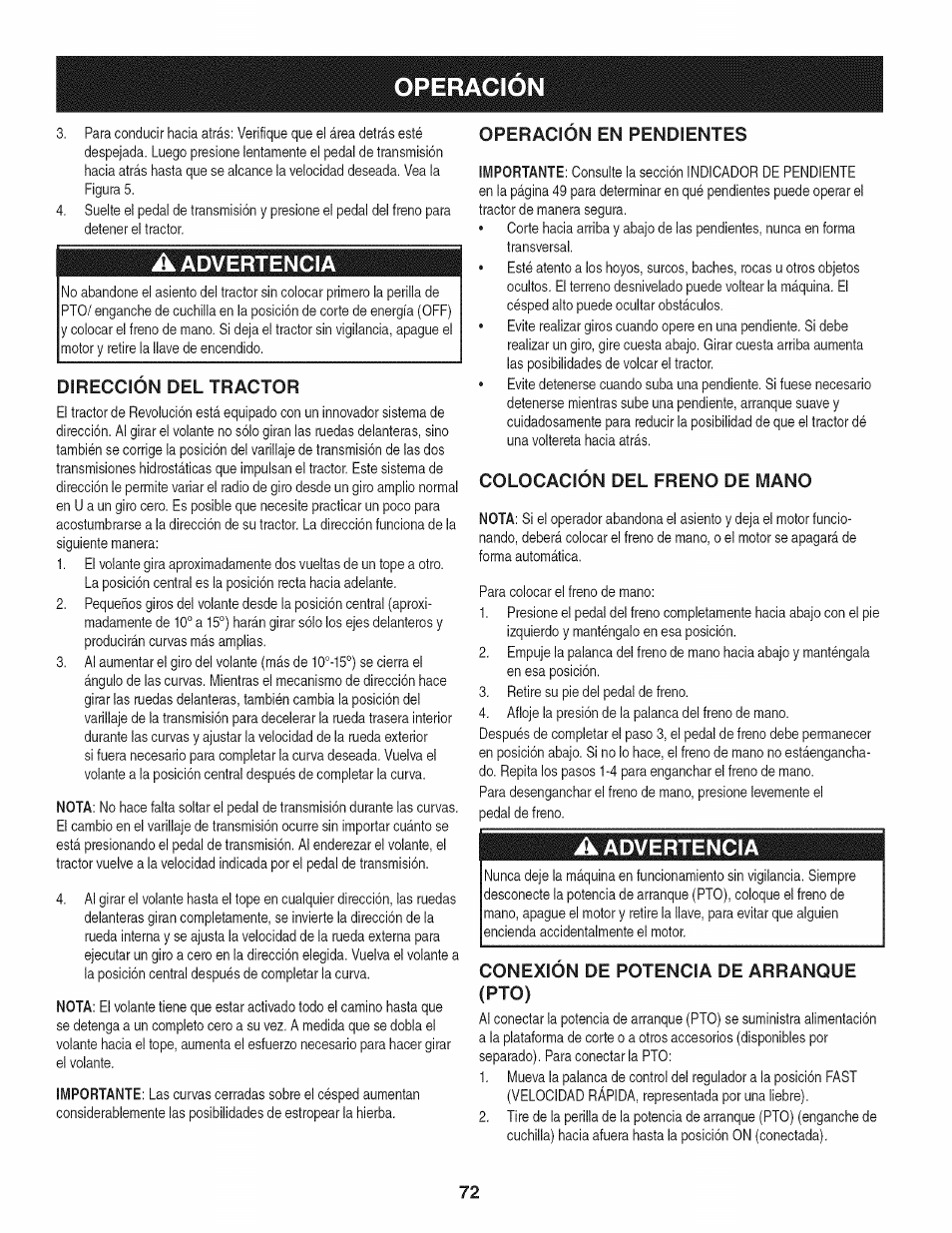 A advertencia, Direccion del tractor, Operacion en pendientes | Colocación del freno de mano, Conexion de potencia de arranque, Operacion, Advertencia, Conexion de potencia de arranque (pto) | Craftsman 247.28933 User Manual | Page 168 / 192