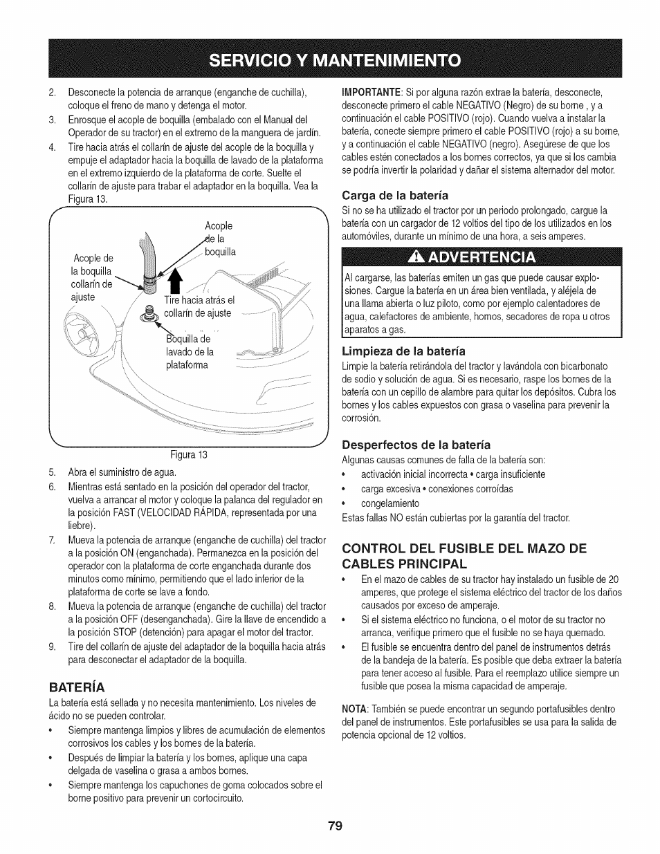 Batería, Carga de la batería, A advertencia | Limpieza de la batería, Desperfectos de la batería, Control del fusible del mazo de cables principal, Servicio y mantenimiento, Advertencia | Craftsman 247.28933 User Manual | Page 175 / 192