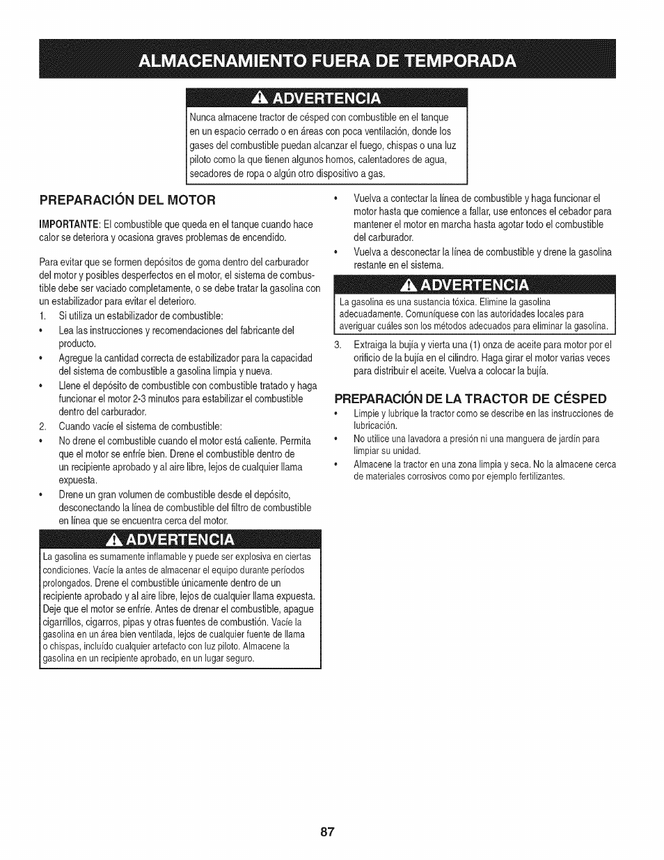 Almacenamiento fuera de temporad, A advertencia, Preparacion del motor | Preparación de la tractor de césped, Advertencia | Craftsman 247.28933 User Manual | Page 183 / 192