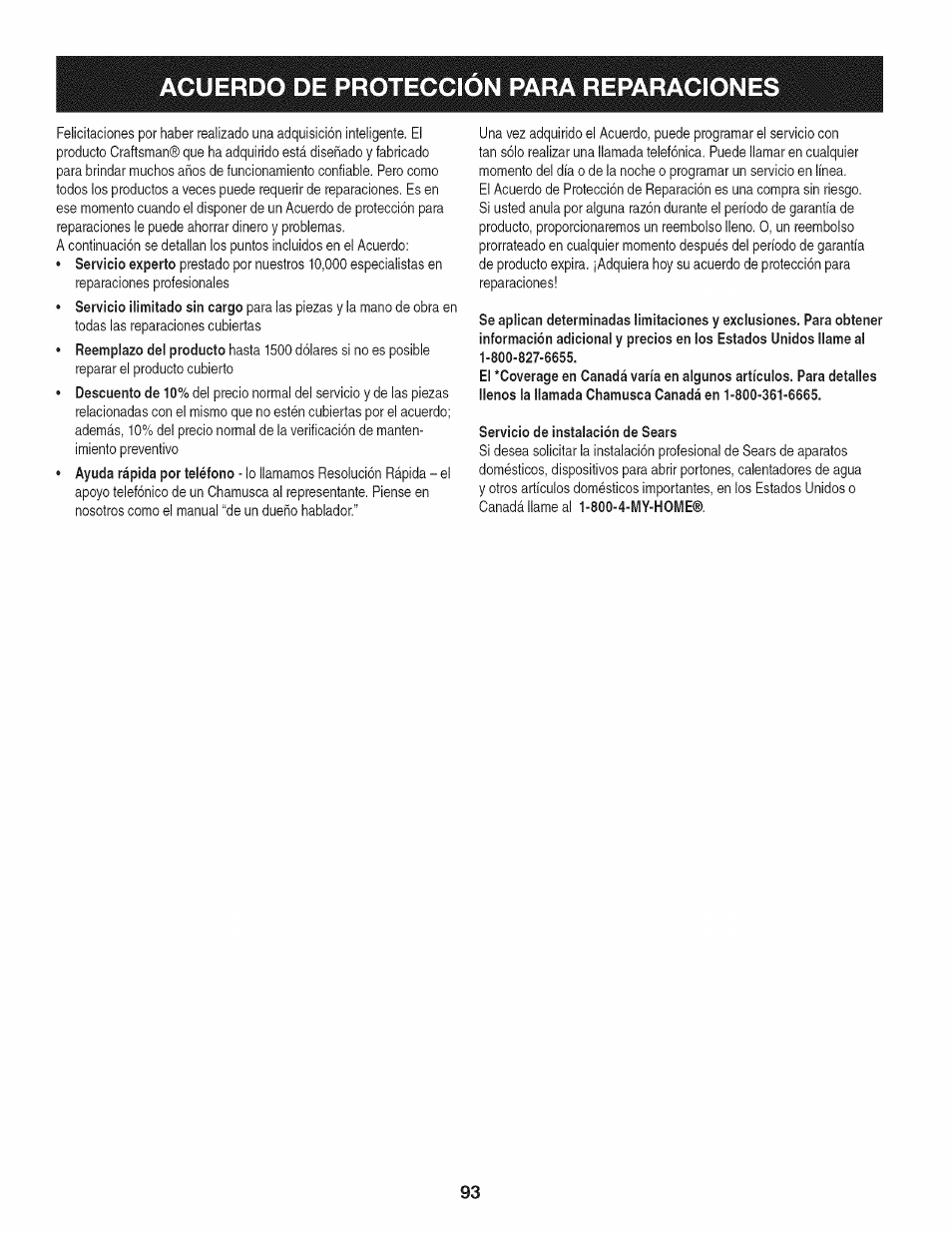 Acuerdo de proteccion para reparaciones | Craftsman 247.28933 User Manual | Page 189 / 192