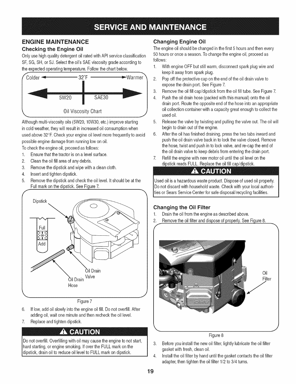 Engine maintenance checking the engine oil, A caution, Changing engine oil | Changing the oil filter, Service and maintenance, Caution | Craftsman 247.28933 User Manual | Page 19 / 192