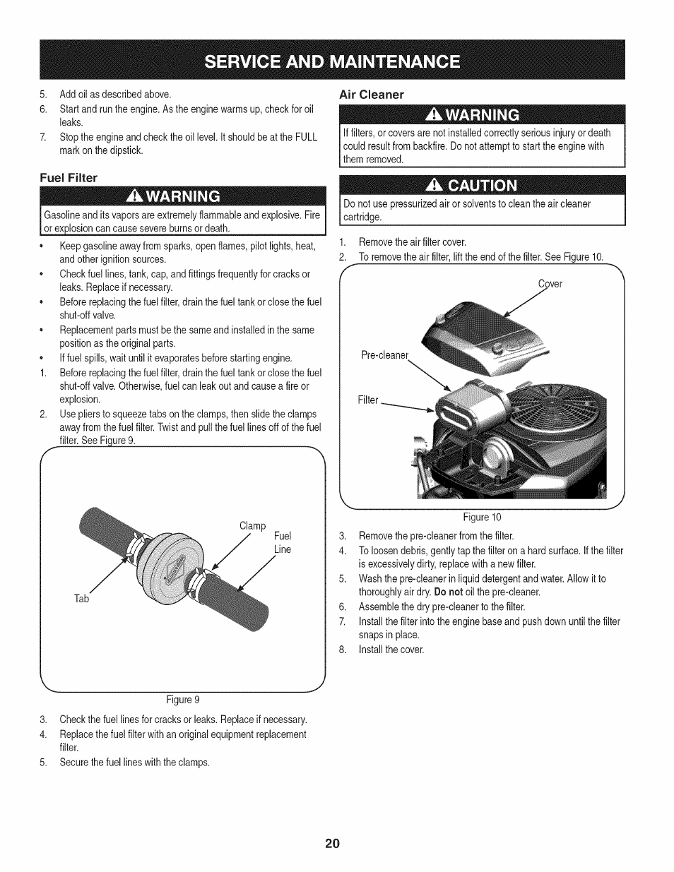 Fuel filter, Awarning, Air cleaner | A caution, Service and maintenance | Craftsman 247.28933 User Manual | Page 20 / 192