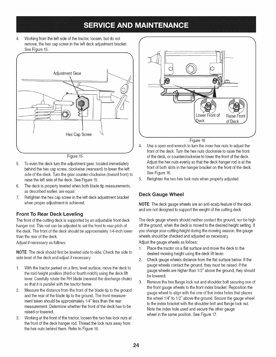 Front to rear deck leveling, Deck gauge wheel, Service and maintenance | Craftsman 247.28933 User Manual | Page 24 / 192