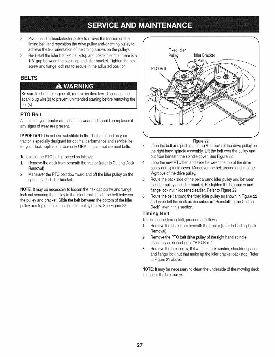 Belts, Pto belt, Timing belt | Service and maintenance, Warning | Craftsman 247.28933 User Manual | Page 27 / 192