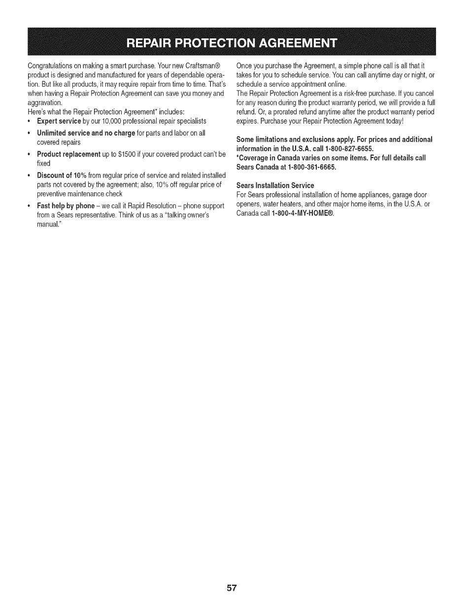 Repair protection agreement | Craftsman 247.28933 User Manual | Page 57 / 192