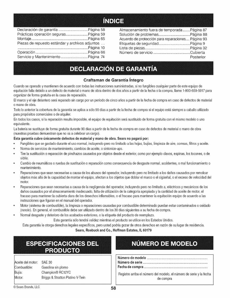 Declaracion de garantia, Especificaciones del producto, Numero de modelo | Craftsman de garantía íntegro | Craftsman 247.28933 User Manual | Page 58 / 192