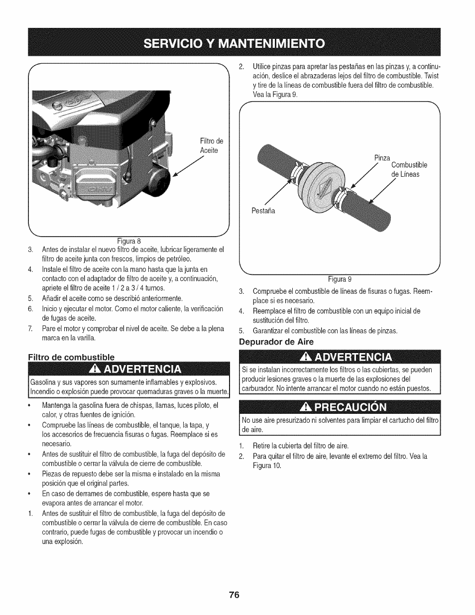 Filtro de combustible, A advertencia, Depurador de aire | A precaución, Servicio y mantenimiento, Advertencia, Precaución | Craftsman 247.28933 User Manual | Page 76 / 192