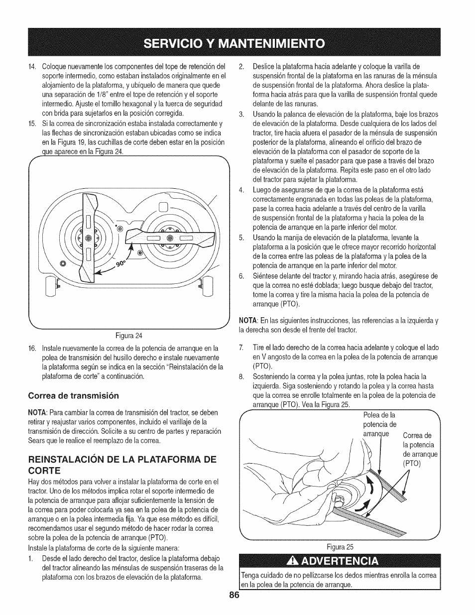 Correa de transmisión, Reinstalación de la plataforma de corte, A advertencia | Servicio y mantenimiento, Advertencia | Craftsman 247.28933 User Manual | Page 86 / 192
