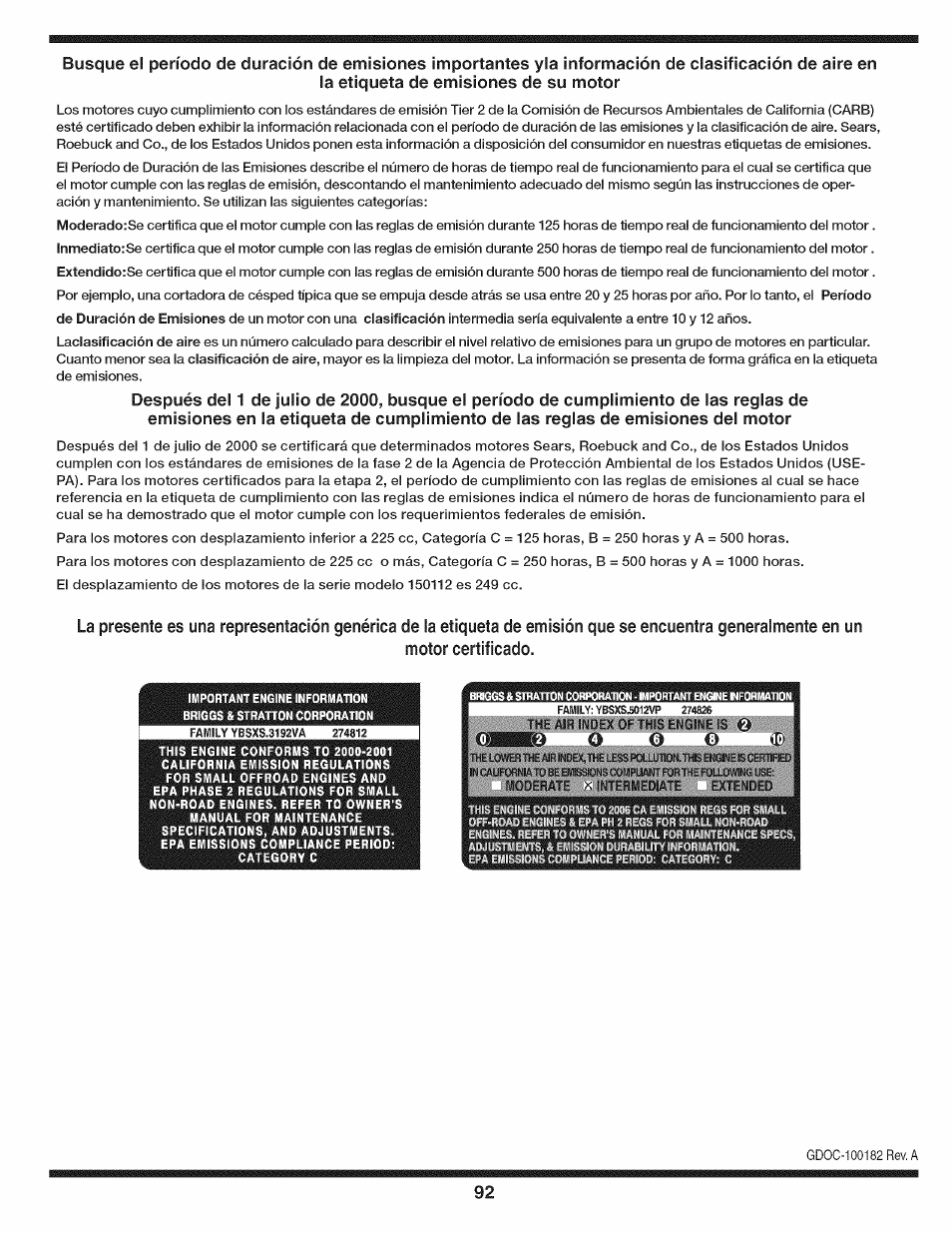 La etiqueta de emisiones de su motor, Motor certificado | Craftsman 247.28933 User Manual | Page 92 / 192