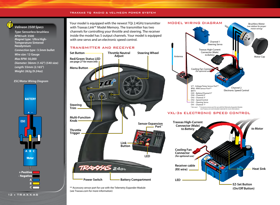 Model wiring diagram, Vxl-3s electronic speed control, Transmitter and receiver | Traxxas 36076-1 User Manual | Page 12 / 32