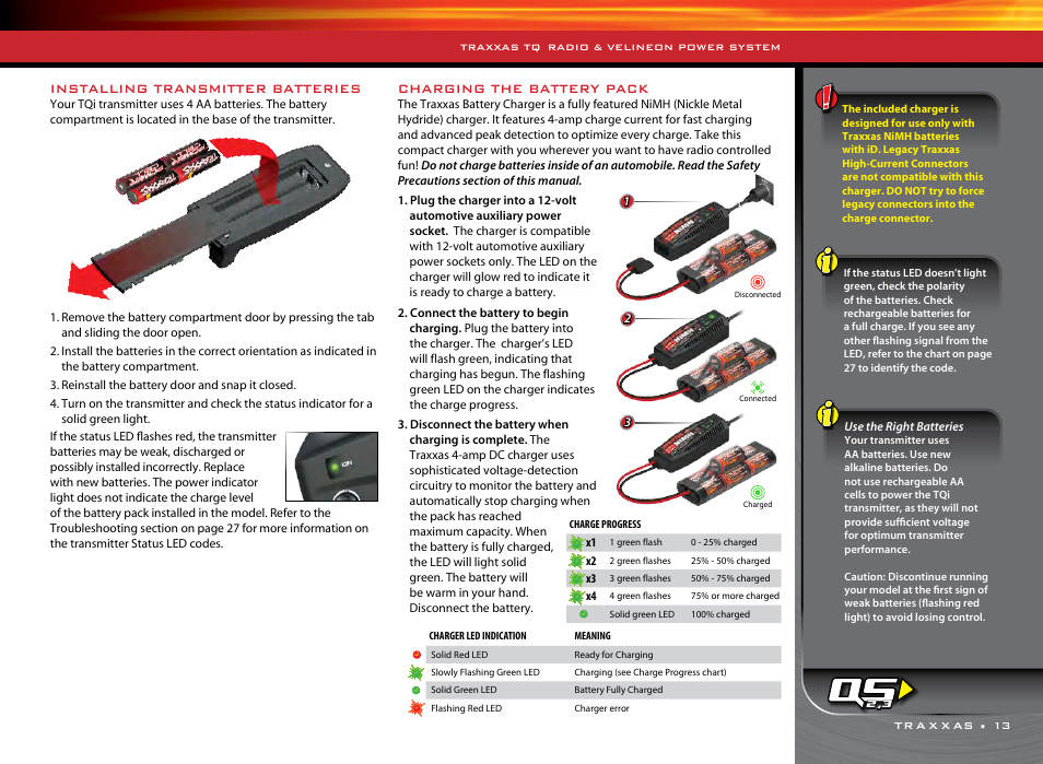 Charging the battery pack, Installing transmitter batteries | Traxxas 36076-1 User Manual | Page 13 / 32