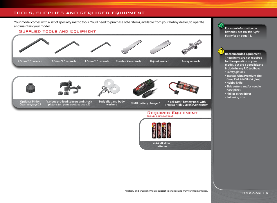 Supplied tools and equipment, Required equipment, Tools, supplies and required equipment | Traxxas 36076-1 User Manual | Page 5 / 32