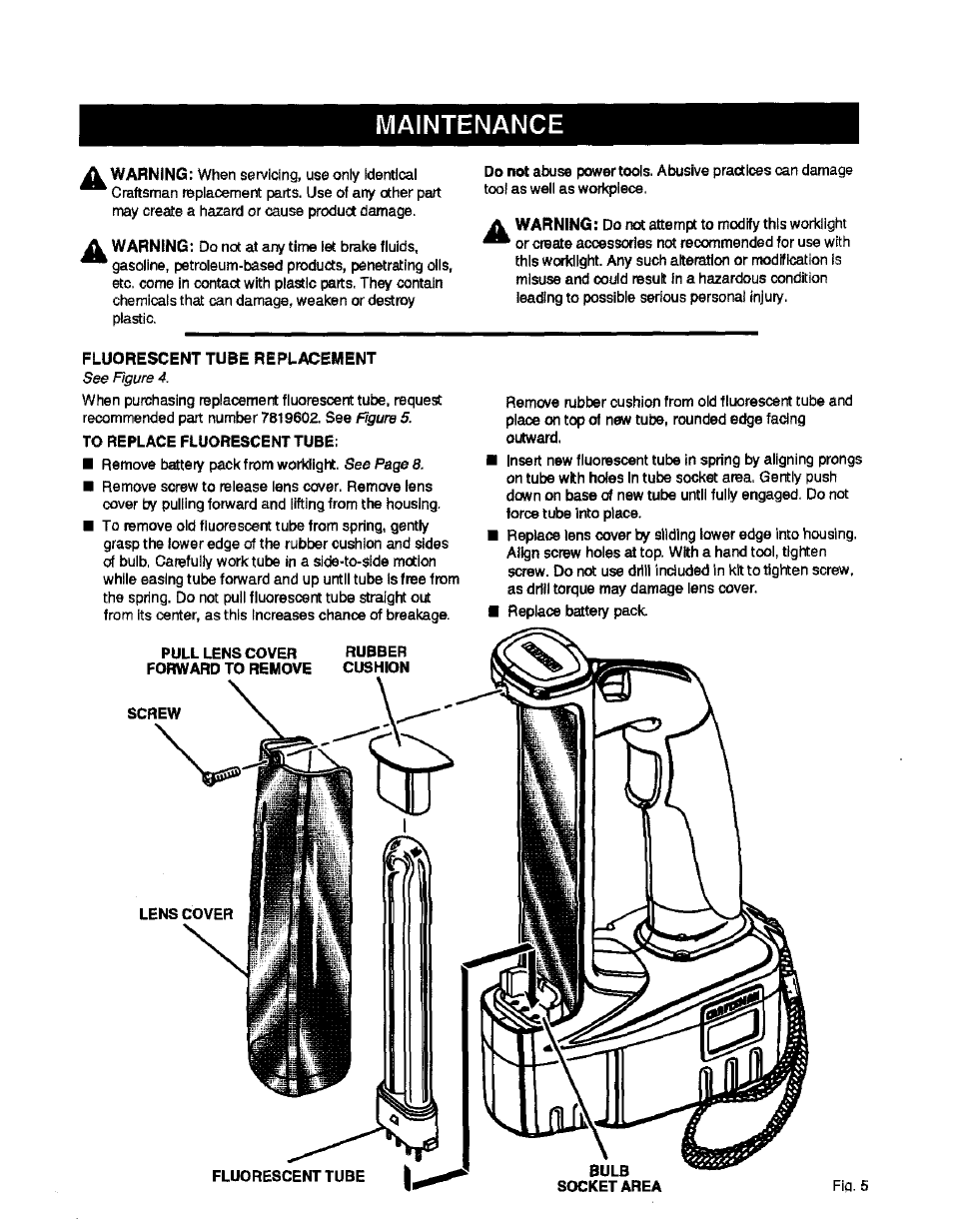 Fluorescent tube replacement, Maintenance, Fiq. 5 | Craftsman 315.114071 User Manual | Page 9 / 12