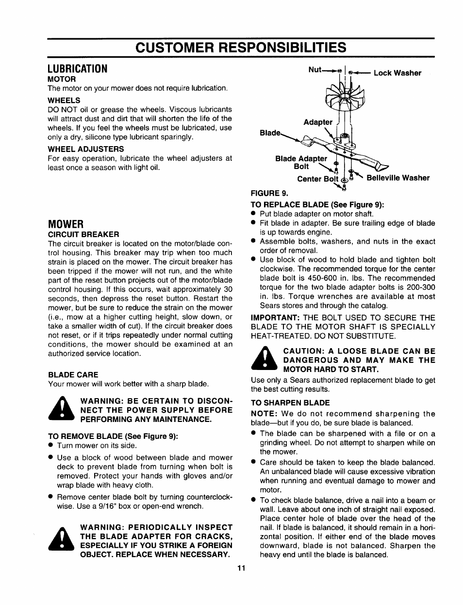 Lubrication, Motor, Wheel adjusters | Mower, Circuit breaker, Blade care, To remove blade (see figure 9), To replace blade (see figure 9), To sharpen blade, Customer responsibilities | Craftsman 247.370252 User Manual | Page 11 / 32