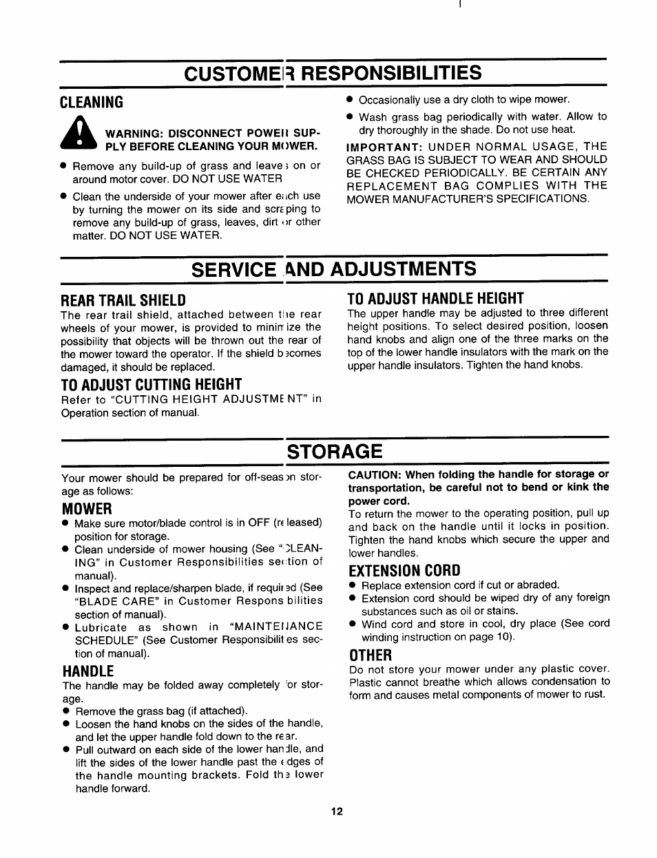 Cleaning, Rear trail shield, To adjust cutting height | To adjust handle height, Mower, Handle, Extension cord, Other, Customer responsibilities, Service and adjustments | Craftsman 247.370252 User Manual | Page 12 / 32
