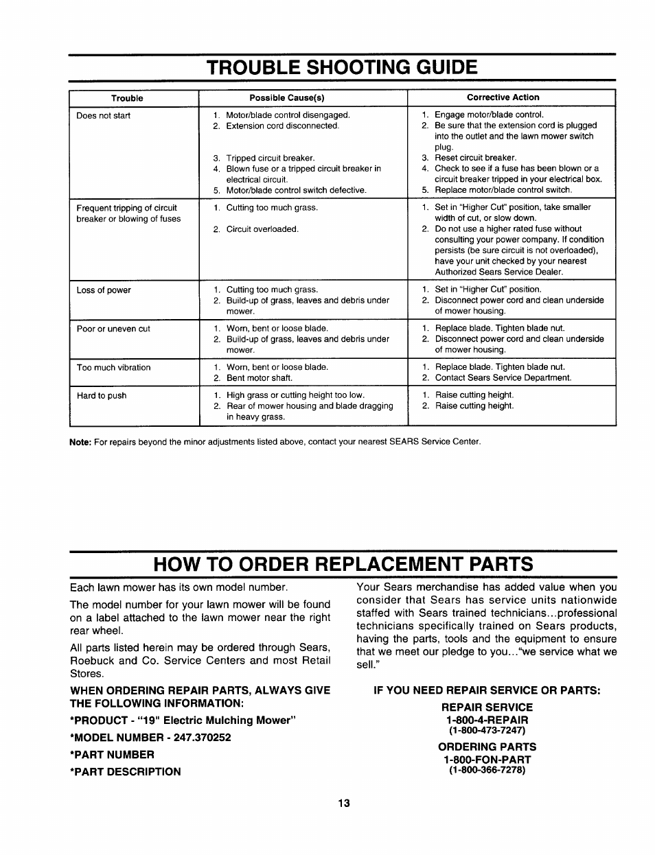 If you need repair service or parts, Ordering parts 1-800-fon-part, Trouble shooting guide | How to order replacement parts | Craftsman 247.370252 User Manual | Page 13 / 32