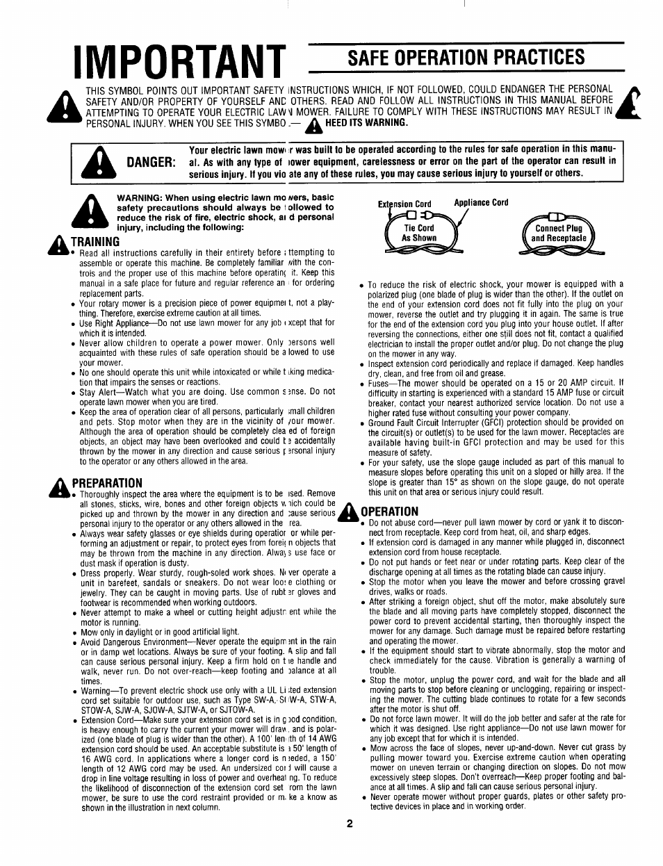 Important, Training, Preparation | Operation, Safe operation practices, Danger | Craftsman 247.370252 User Manual | Page 2 / 32
