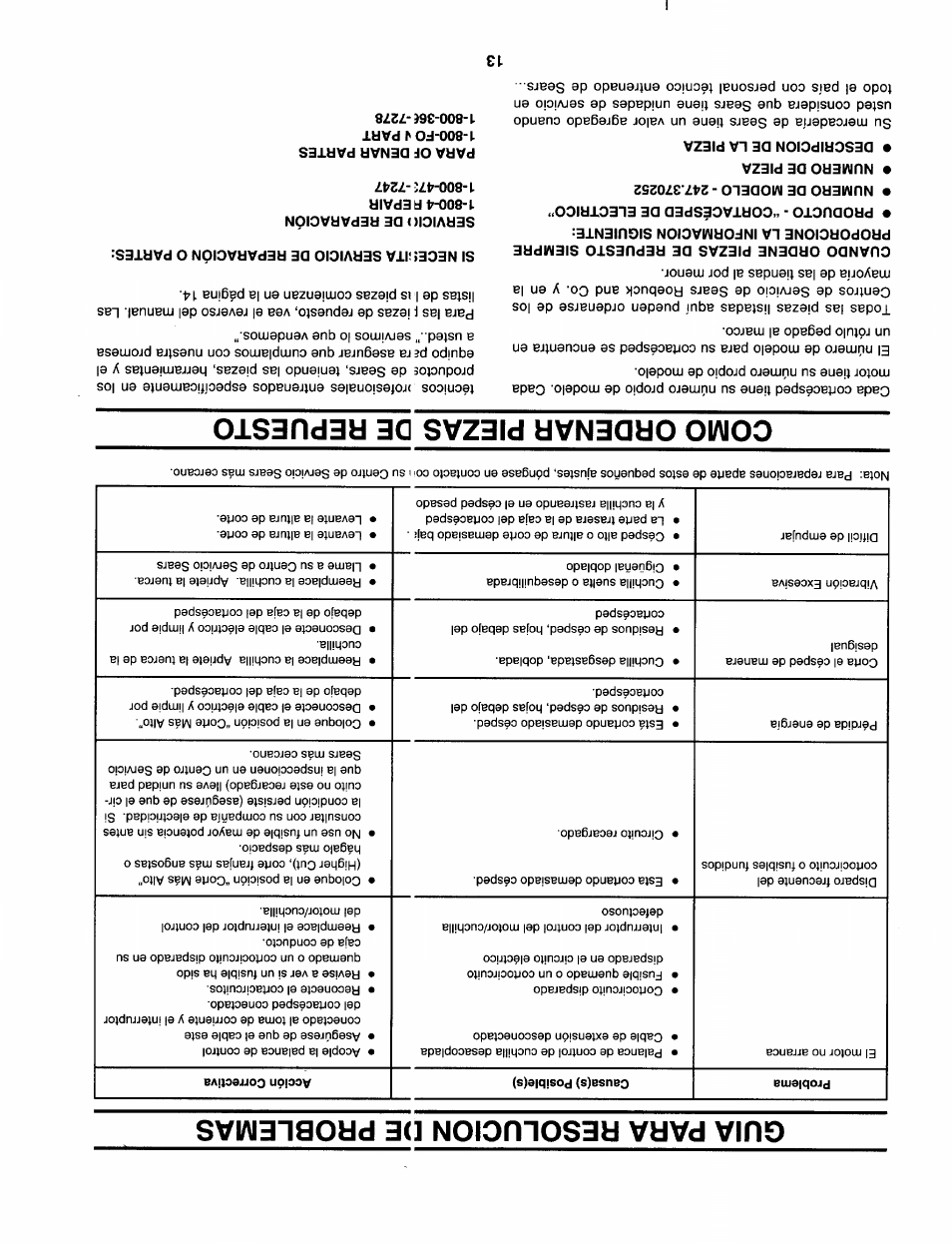 Guia para resolucion [)e problemas, Como ordenar piezas de repuesto | Craftsman 247.370252 User Manual | Page 20 / 32