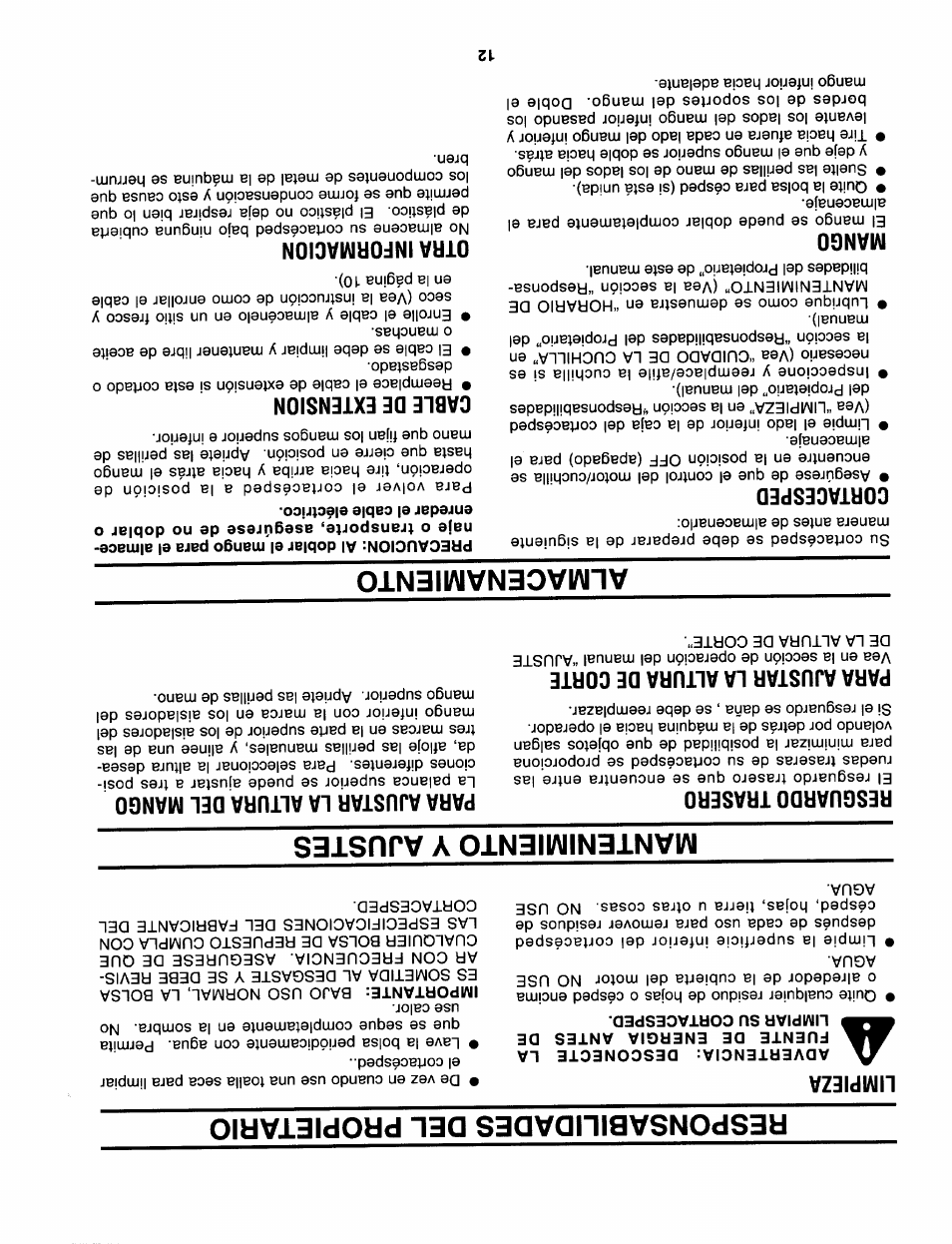 Cortacesped, Mango, Cable de extension | Otra informacion, Responsabilidades del propietario, Mantenimiento y ajustes, Almacenamiento | Craftsman 247.370252 User Manual | Page 21 / 32