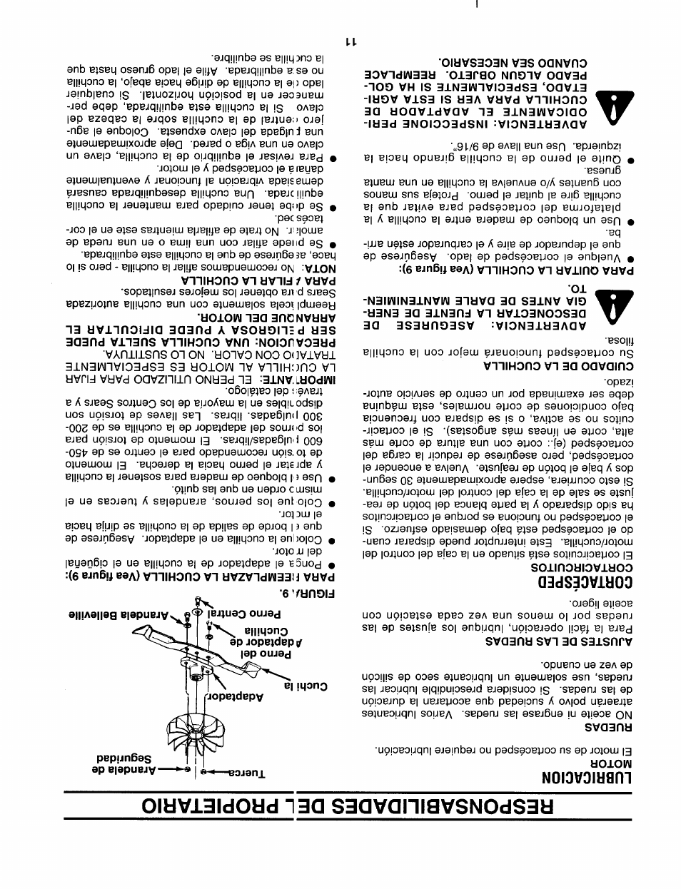 Lubricacion, Motor, Ajustes de las ruedas | Cortacésped, Cortacircuitos, Cuidado de la cuchilla, Advertencia: asegurese de, Para reemplazar la cuchilla (vea figura 9), Para ; filar la cuchilla, Lubrication | Craftsman 247.370252 User Manual | Page 22 / 32