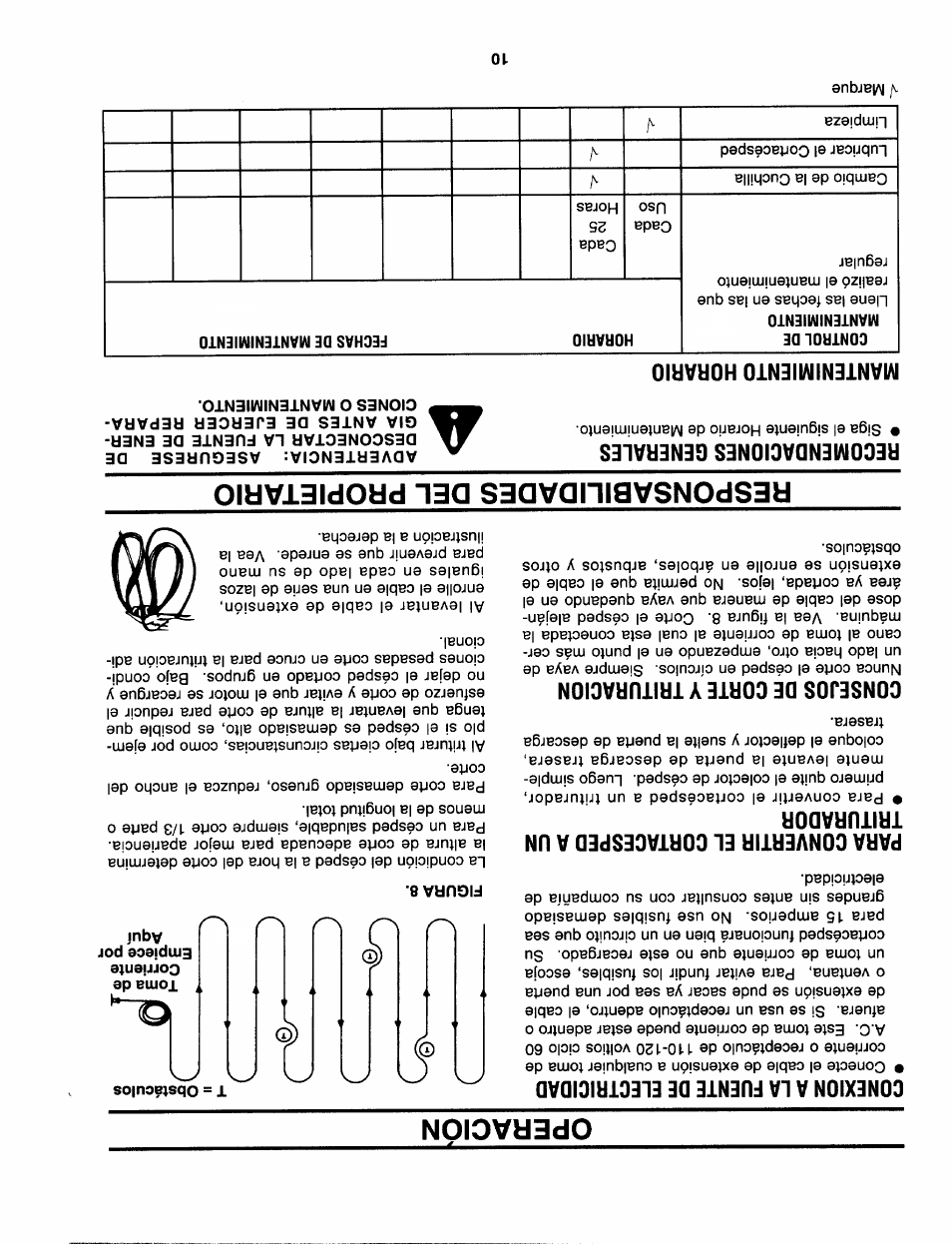 Conexion a la fuente de electricidad, Para cdnvertir el cdrtacesped a un trituraddr, Cdnsejds de cdrte y trituracidn | T = obstáculos, Recdmendacidnes generales, Mantenimientd hdrarid, Operacion, Responsabilidades del propietario | Craftsman 247.370252 User Manual | Page 23 / 32