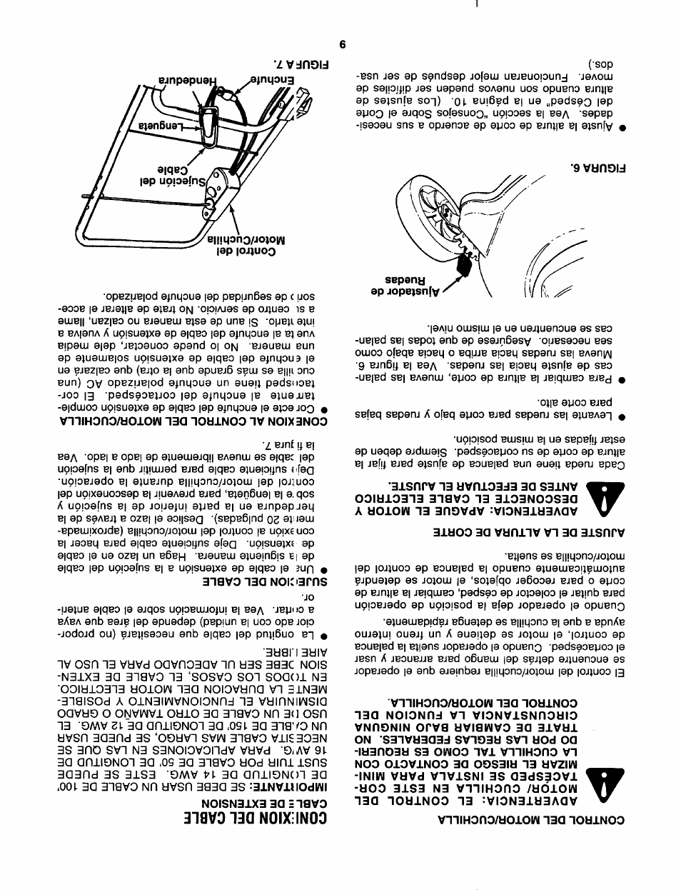 Control del motor/cuchilla, Ajuste de la altura de corte, Figura 6 | Conlixion del cable, Cable de extension, Sujecion del cable, Conexion al control del motor/cuchilla | Craftsman 247.370252 User Manual | Page 24 / 32