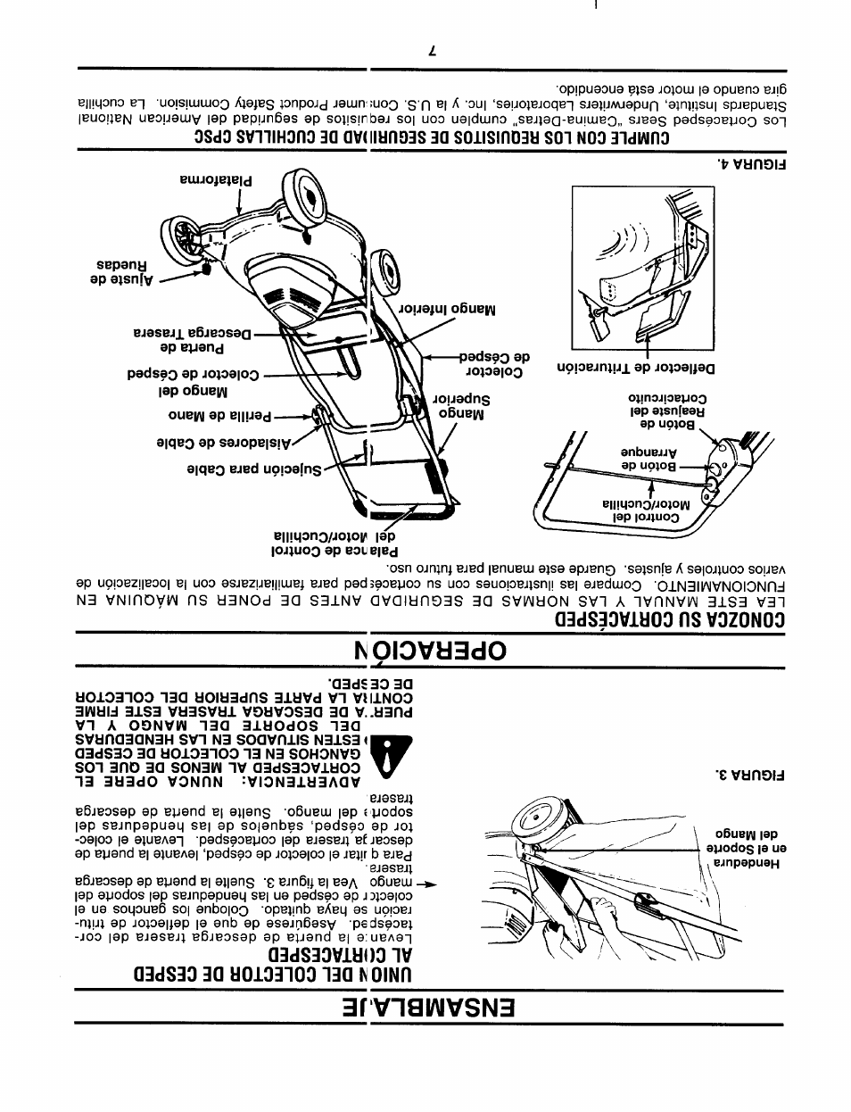 Unio^ del colector de cesped al cíirtacesped, Advertencia: nunca opere el, Conozca su cortacesped | Ensamblaje, Operacion | Craftsman 247.370252 User Manual | Page 26 / 32