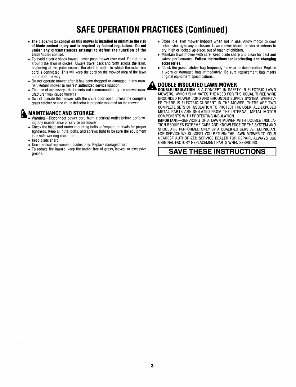 Maintenance and storage, Double insulated lawn mower, Safe operation practices (continued) | Save these instructions | Craftsman 247.370252 User Manual | Page 3 / 32