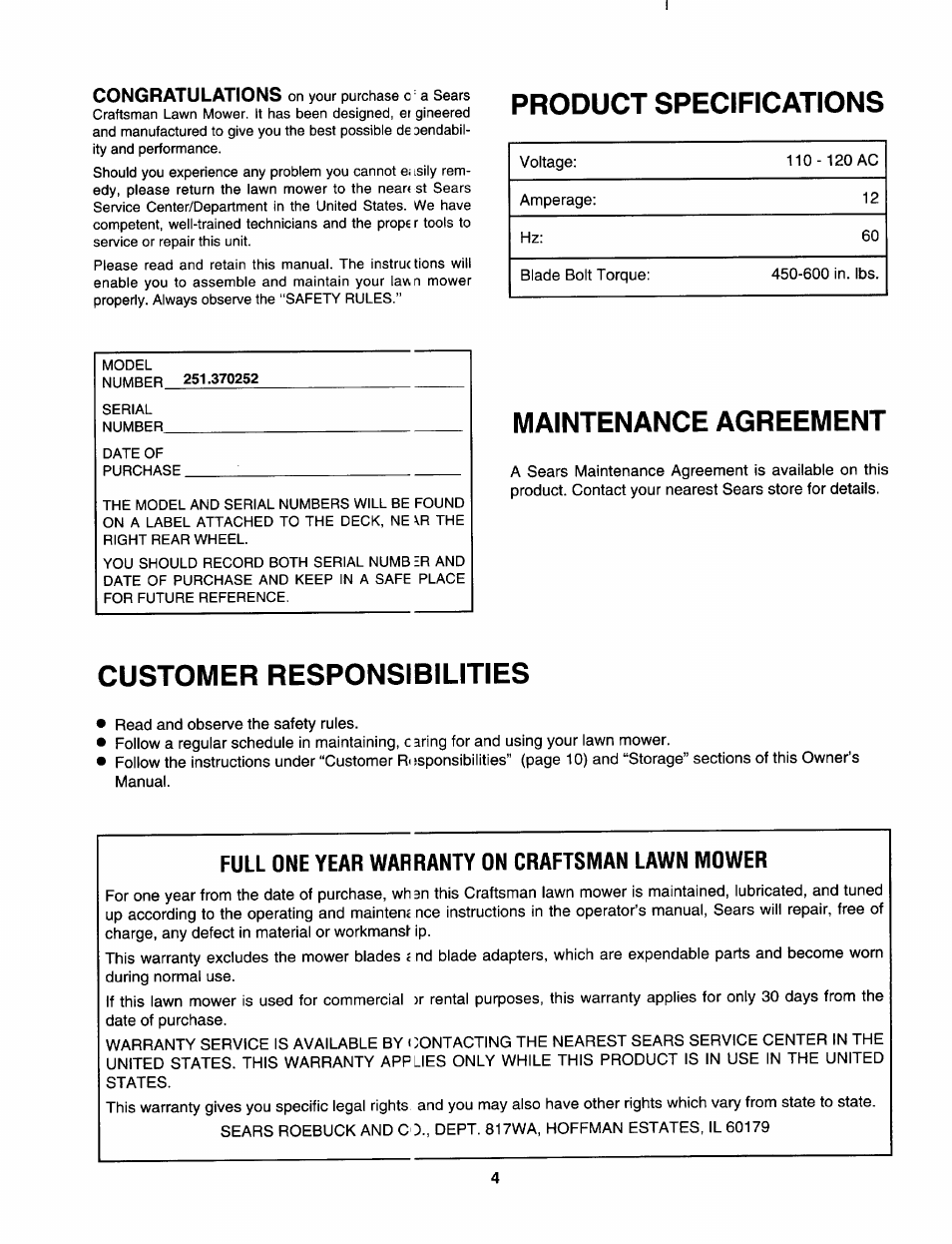 Full one year warranty on craftsman lawn mower, Product specifications, Maintenance agreement | Customer responsibilities | Craftsman 247.370252 User Manual | Page 4 / 32