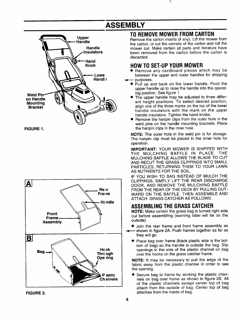 To remove mower from carton, How to set-up your mower, Assembling the grass catcher | Assembly | Craftsman 247.370252 User Manual | Page 6 / 32