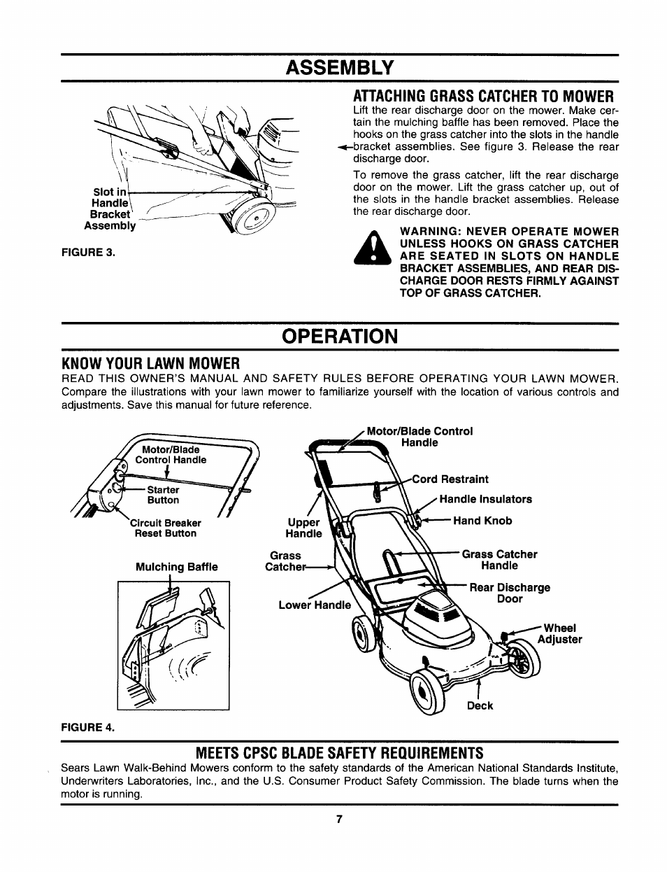 Attaching grass catcher to mower, Know your lawn mower, Cord restraint | Handie insuiators -hand knob, Meets cpsc blade safety requirements, Assembly, Operation | Craftsman 247.370252 User Manual | Page 7 / 32