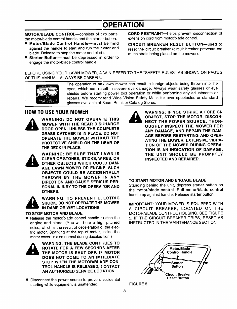 How to use your mower, Ectric, Mower | To start motor and engage blade, Operation | Craftsman 247.370252 User Manual | Page 8 / 32
