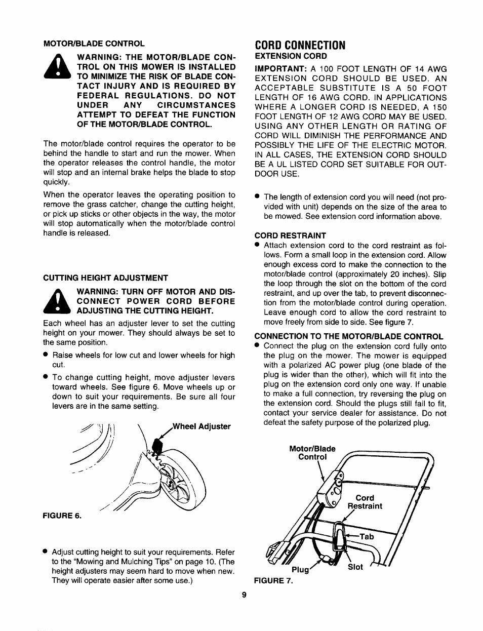 Motor/blade control, Cutting height adjustment, Figure 6 | Cord connection, Extension cord, Cord restraint, Connection to the motor/blade control | Craftsman 247.370252 User Manual | Page 9 / 32