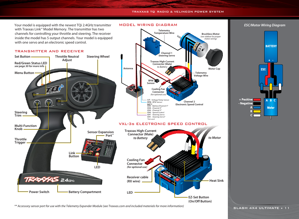 Model wiring diagram, Vxl-3s electronic speed control, Transmitter and receiver | Traxxas 6809L User Manual | Page 11 / 39