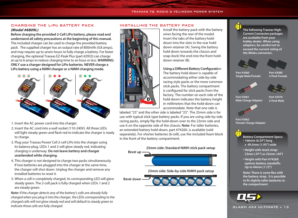 Charging the lipo battery pack, Installing the battery pack | Traxxas 6809L User Manual | Page 13 / 39