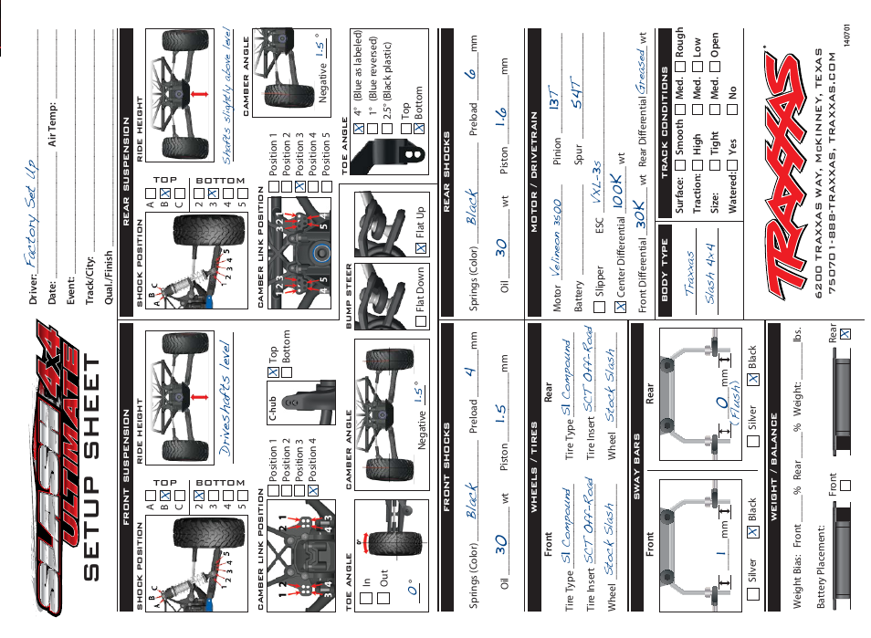 Setup sheet | Traxxas 6809L User Manual | Page 37 / 39