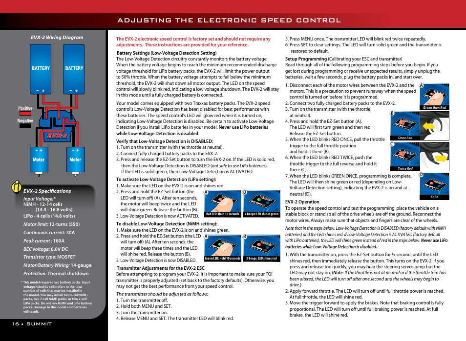 Adjusting the electronic speed control, 16 • summit, Evx-2 wiring diagram | Traxxas 56076-1 User Manual | Page 16 / 34