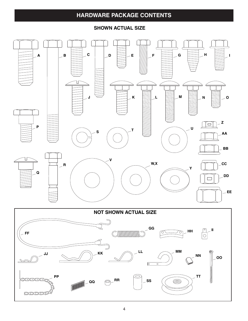 Hardware package contents, Not shown actual size shown actual size | Craftsman 486.248381 User Manual | Page 4 / 40
