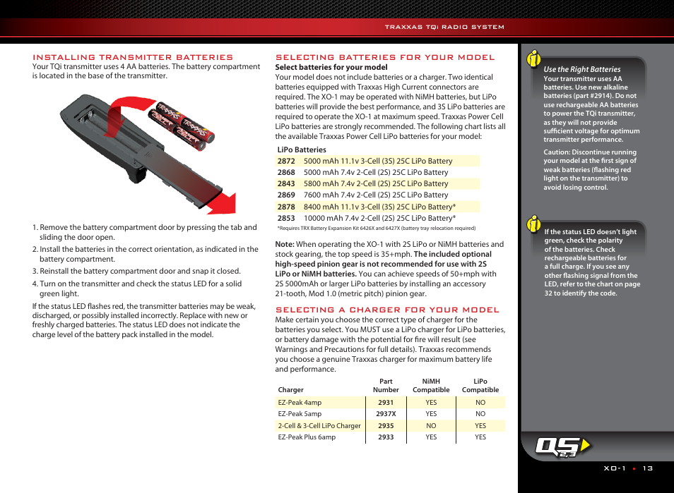 Installing transmitter batteries, Selecting batteries for your model, Selecting a charger for your model | Traxxas 64077 User Manual | Page 13 / 36