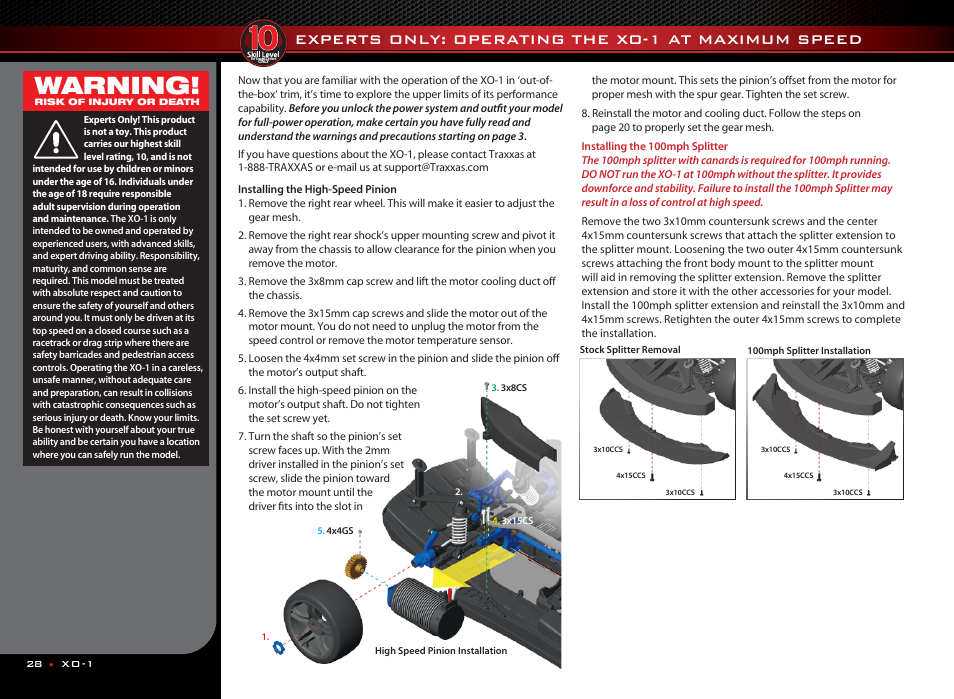 Warning, Experts only: operating the xo-1 at maximum speed | Traxxas 64077 User Manual | Page 28 / 36