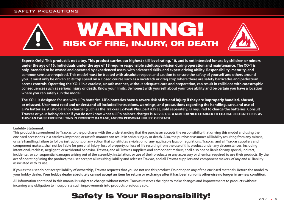 Warning, Risk of fire, injury, or death, Safety is your responsibility | Traxxas 64077 User Manual | Page 3 / 36