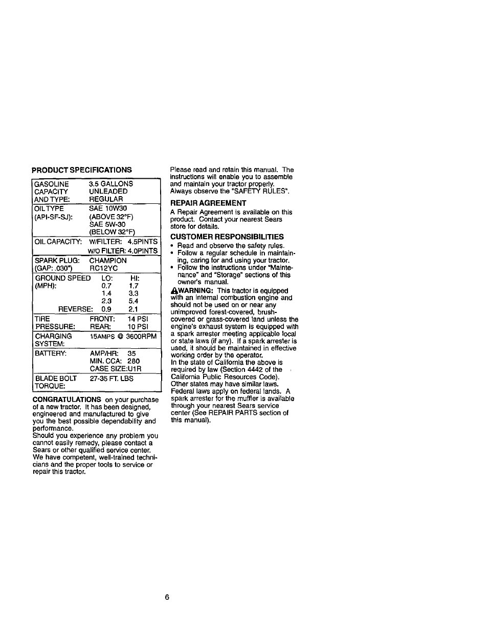 Repair agreement, Customer responsibilities | Craftsman 917.274990 User Manual | Page 6 / 60