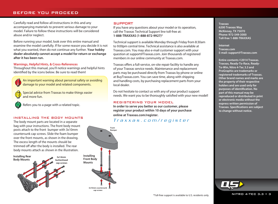 Before you proceed, Support | Traxxas 48077 User Manual | Page 3 / 40