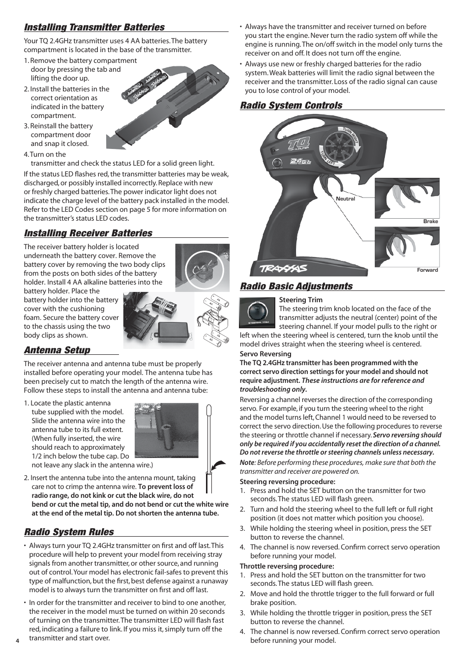 Installing transmitter batteries, Installing receiver batteries, Antenna setup | Radio system rules, Radio system controls radio basic adjustments | Traxxas 45104-1 User Manual | Page 4 / 16