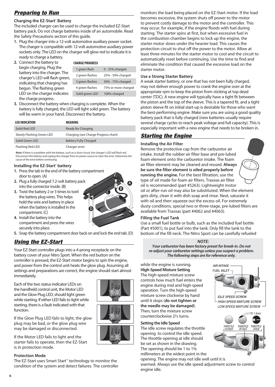 Preparing to run, Using the ez-start, Starting the engine | Charging the ez-start | Traxxas 45104-1 User Manual | Page 6 / 16