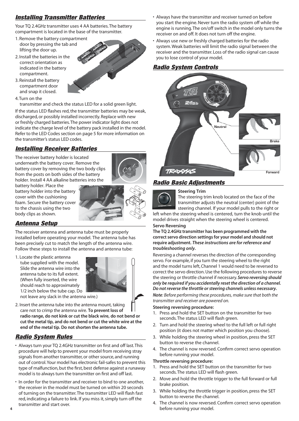 Installing transmitter batteries, Installing receiver batteries, Antenna setup | Radio system rules, Radio system controls radio basic adjustments | Traxxas 41094-1 User Manual | Page 4 / 16